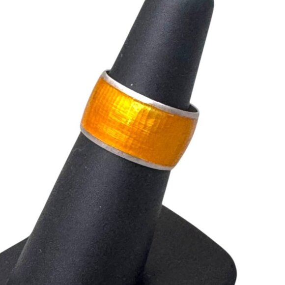 Vintage Jewelry - Vintage Sterling Silver 925 Enamel Ring Artisan Handcrafted Orange Wide Band 6